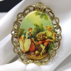 Vintage Western Germany Cameo Lucite Brooch, Filigree Gold Tone, 1960s